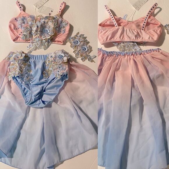 Glamour solo dance costume 2 piece blue pink embellished MC child /LC child new - Picture 3 of 11